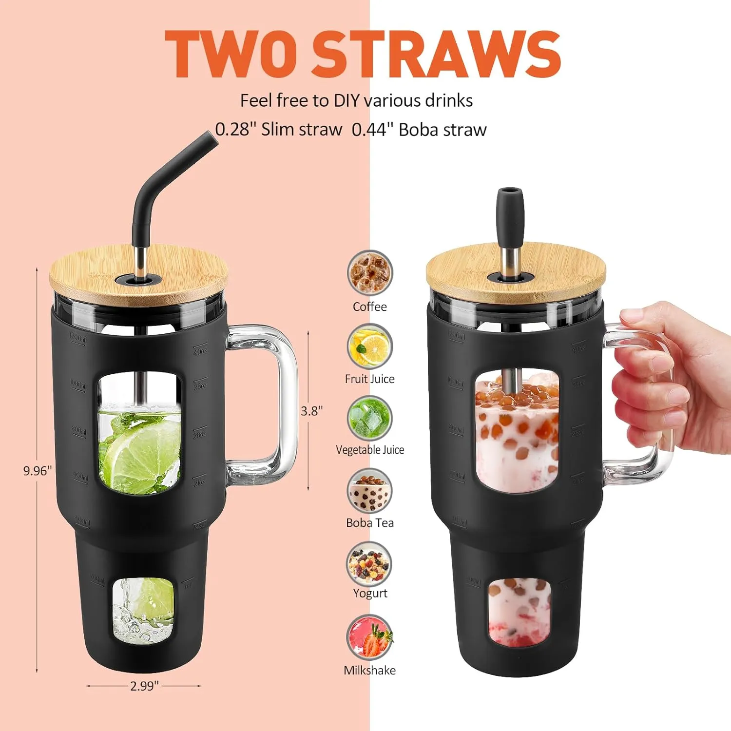 Glass Tumbler with Straw and Lid, 40 oz glass cup with handle, Glass Water Bottles with Time Marker, Silicone Protective Sleeve-Black