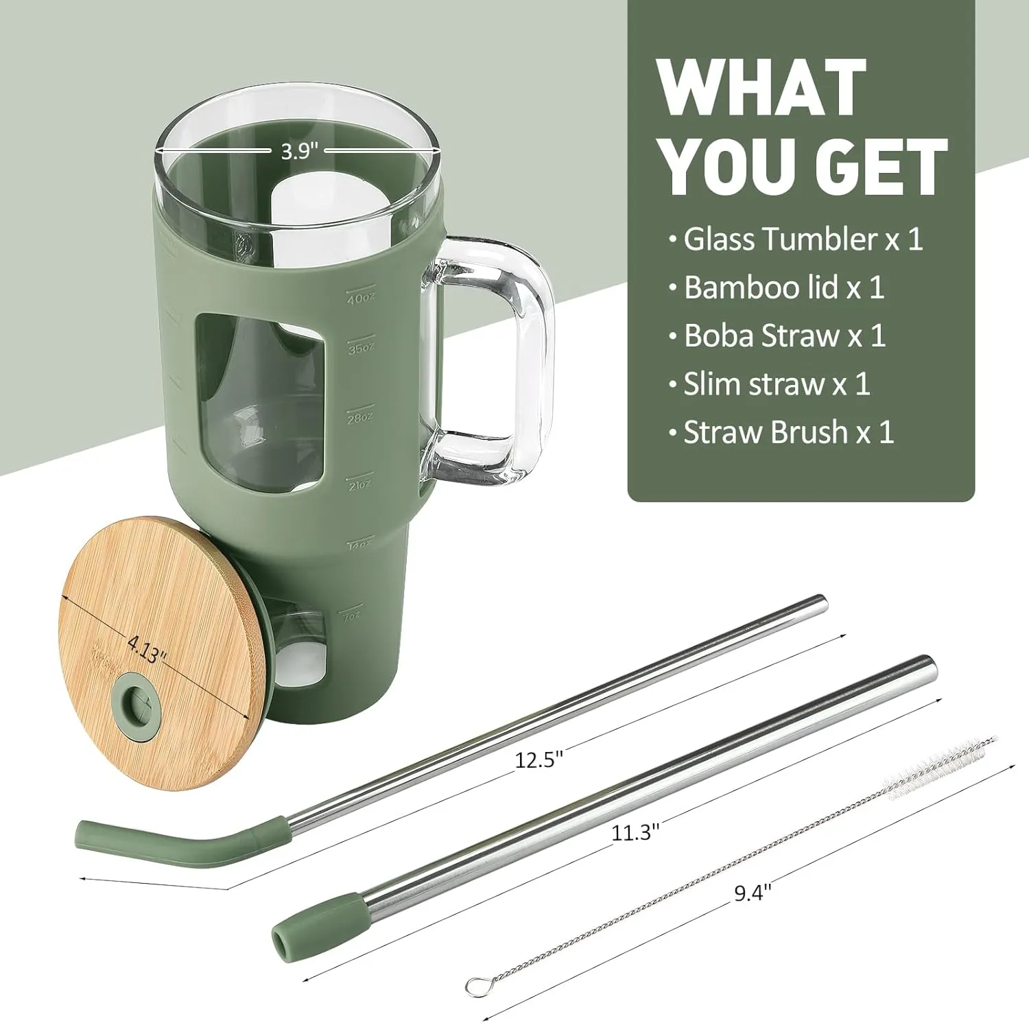 Glass Tumbler with Straw and Lid, 40 oz glass cup with handle, Glass Water Bottles with Time Marker, Silicone Protective Sleeve-Olive