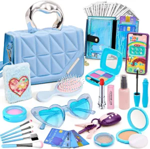 Golray Play Purse for Little Girl, Princess Snow Toy Purse with Accessories, Pretend Makeup Set, Notebook, Sound Phone, Handbag, Wallet, Water Bottle, Birthday Gift for Girls 3 4 5 6 7 8 Year Old Toy