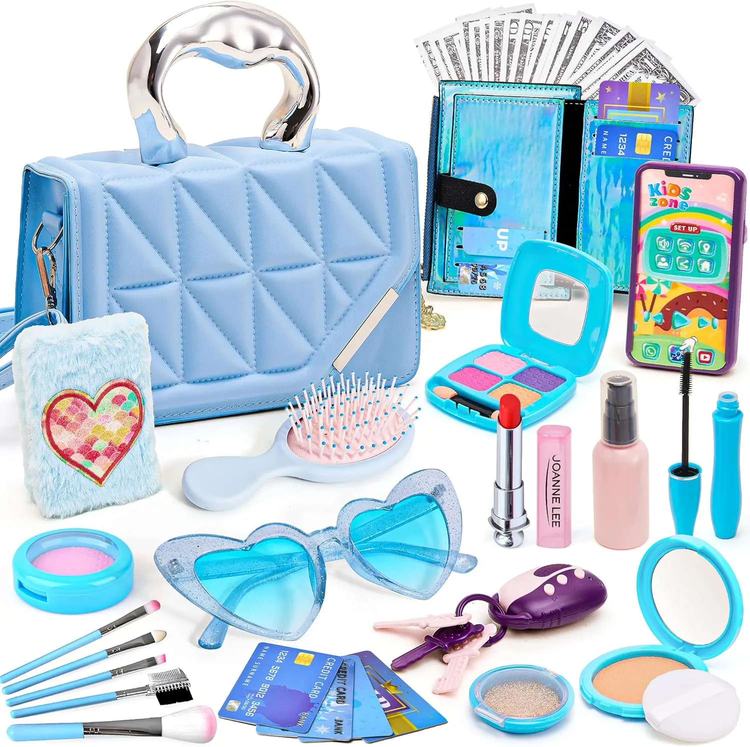 Golray Play Purse for Little Girl, Princess Snow Toy Purse with Accessories, Pretend Makeup Set, Notebook, Sound Phone, Handbag, Wallet, Water Bottle, Birthday Gift for Girls 3 4 5 6 7 8 Year Old Toy