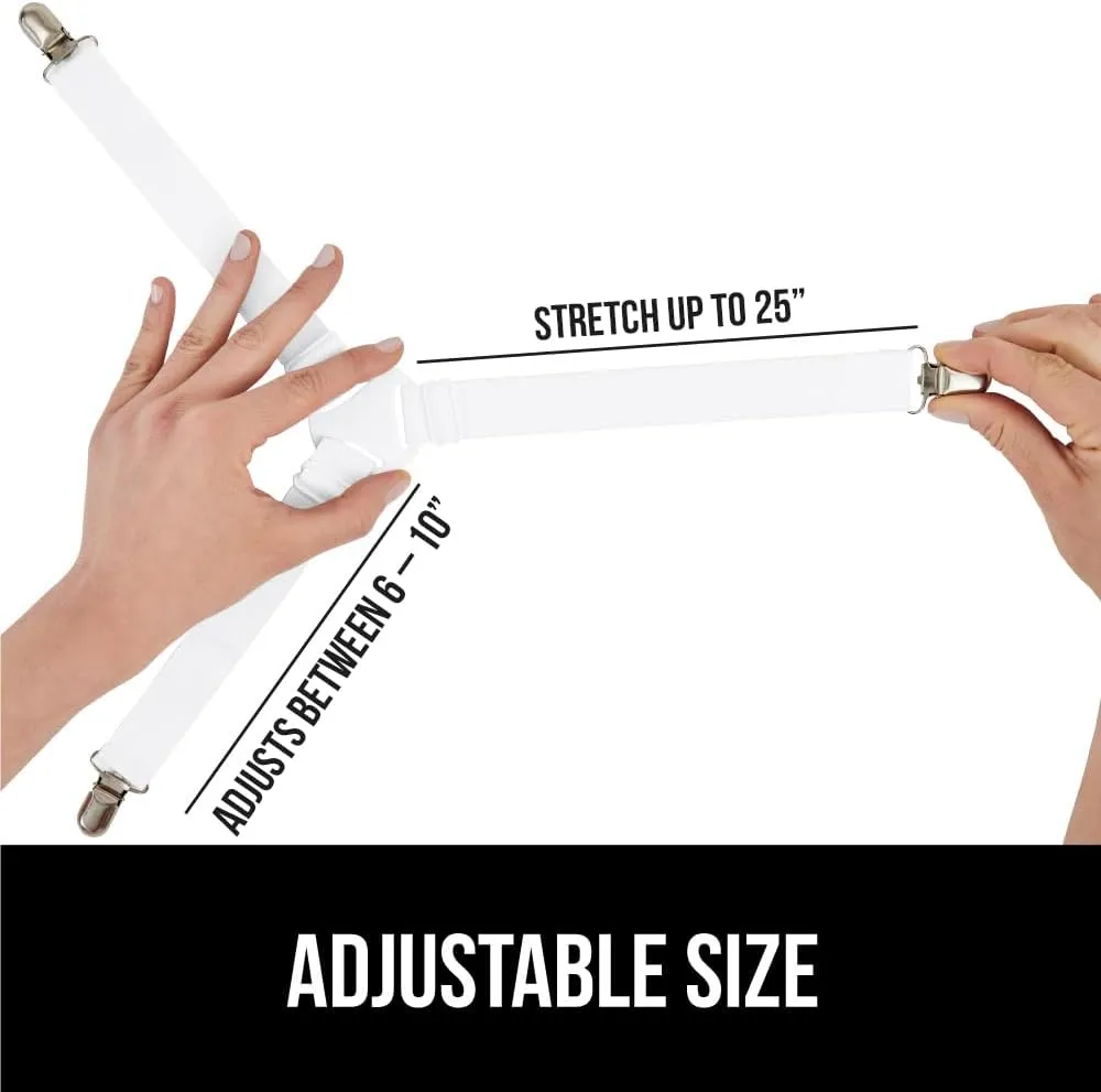 GORILLA GRIP Patent Pending Bed Sheet Holders, Adjustable Elastic Fasteners with Metal Clips, Keep in Place Fitted Bedding Straps, Easy Install Suspenders Mattress, Firm Tight, 8 Pack White