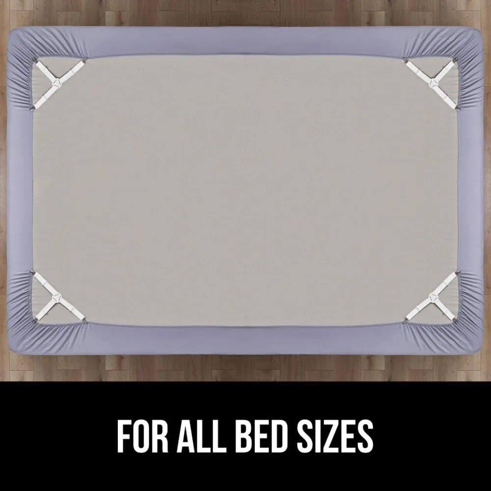 GORILLA GRIP Patent Pending Bed Sheet Holders, Adjustable Elastic Fasteners with Metal Clips, Keep in Place Fitted Bedding Straps, Easy Install Suspenders Mattress, Firm Tight, 8 Pack White