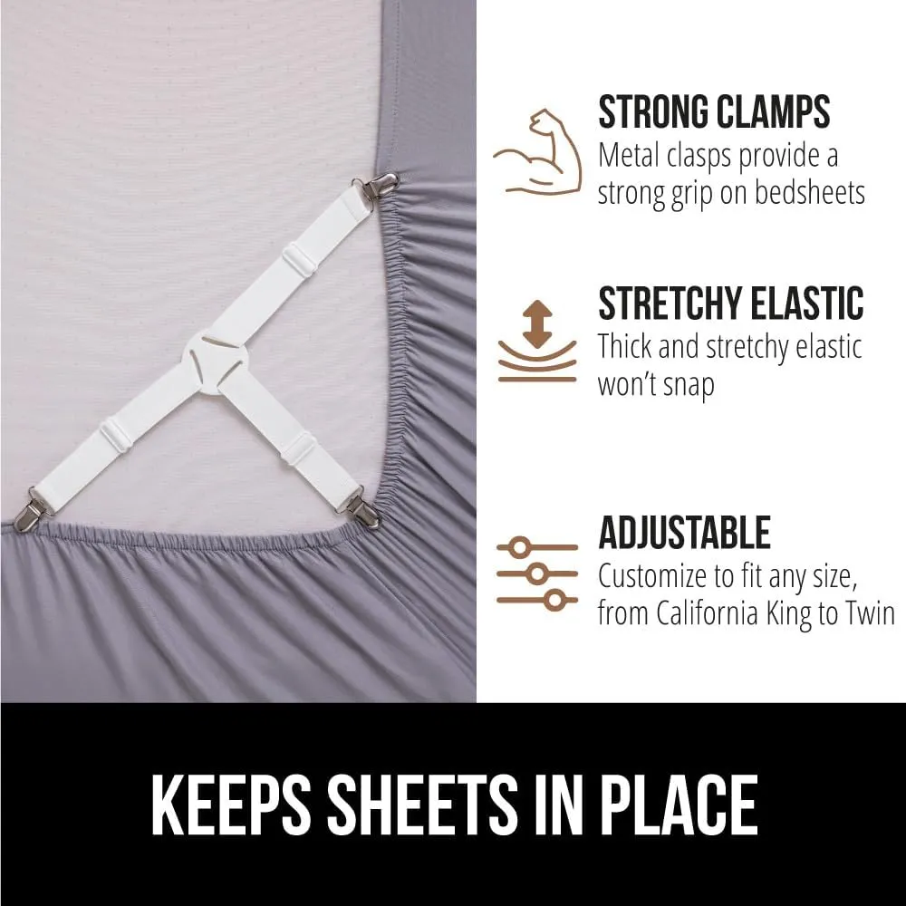 GORILLA GRIP Patent Pending Bed Sheet Holders, Adjustable Elastic Fasteners with Metal Clips, Keep in Place Fitted Bedding Straps, Easy Install Suspenders Mattress, Firm Tight, 8 Pack White
