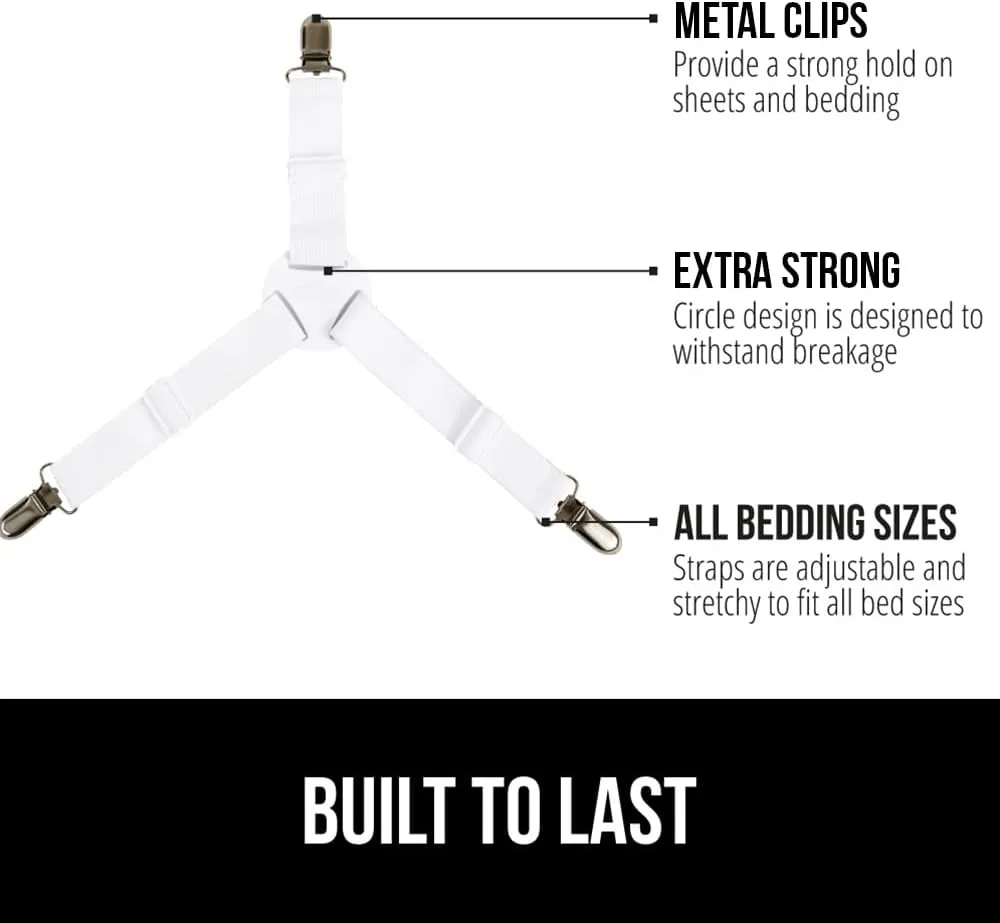 GORILLA GRIP Patent Pending Bed Sheet Holders, Adjustable Elastic Fasteners with Metal Clips, Keep in Place Fitted Bedding Straps, Easy Install Suspenders Mattress, Firm Tight, 8 Pack White