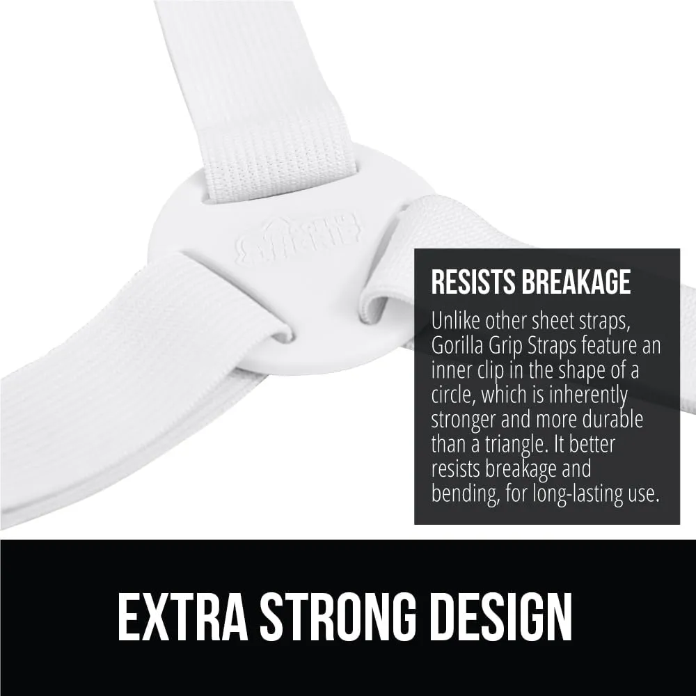GORILLA GRIP Patent Pending Bed Sheet Holders, Adjustable Elastic Fasteners with Metal Clips, Keep in Place Fitted Bedding Straps, Easy Install Suspenders Mattress, Firm Tight, 8 Pack White