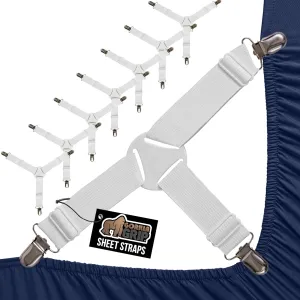 GORILLA GRIP Patent Pending Bed Sheet Holders, Adjustable Elastic Fasteners with Metal Clips, Keep in Place Fitted Bedding Straps, Easy Install Suspenders Mattress, Firm Tight, 8 Pack White