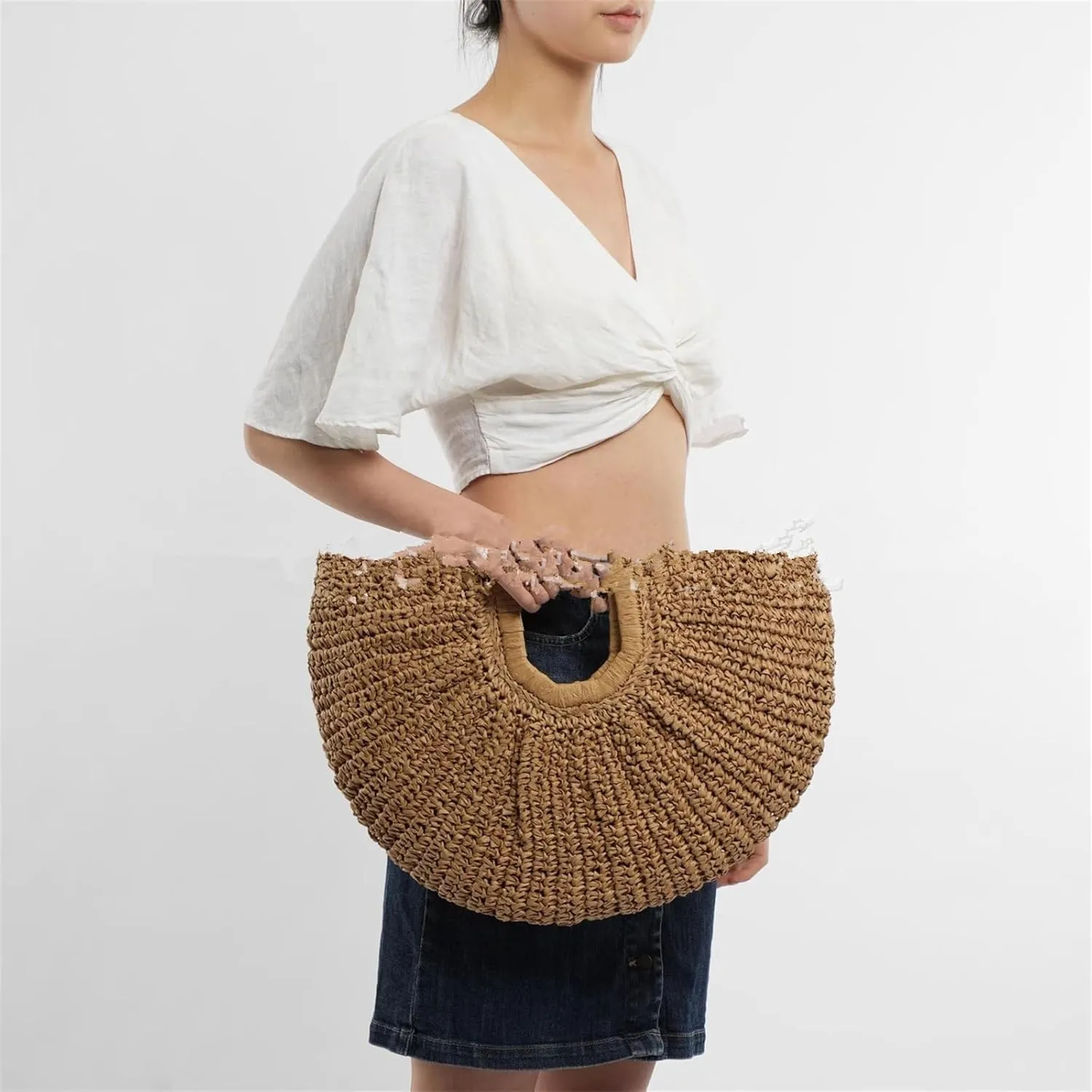 GRASS BAGS-Women's Straw Woven Vacation Beach Semicircle Handbag Natural Handmade Big Bag