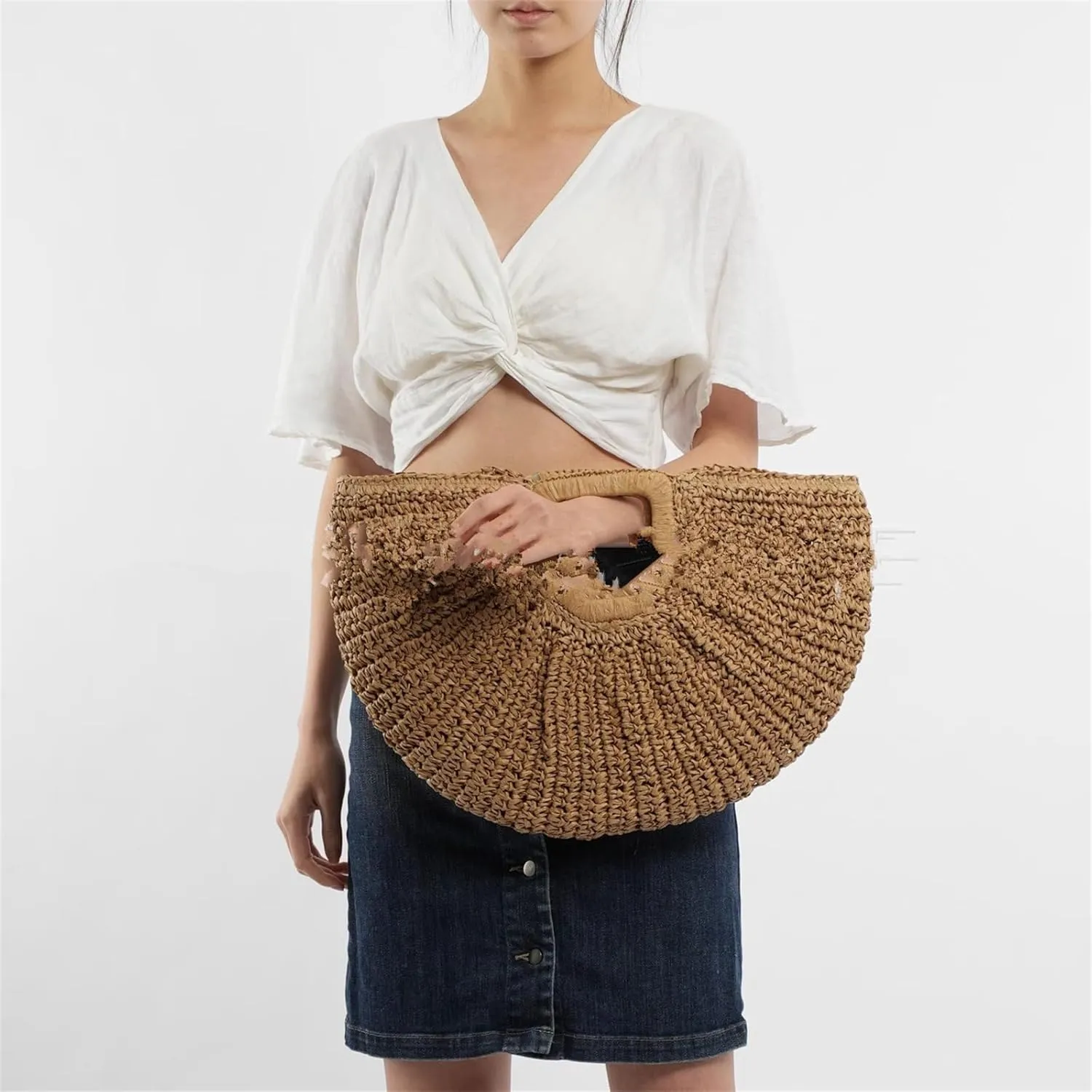GRASS BAGS-Women's Straw Woven Vacation Beach Semicircle Handbag Natural Handmade Big Bag