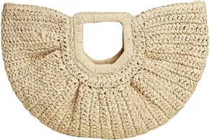 GRASS BAGS-Women's Straw Woven Vacation Beach Semicircle Handbag Natural Handmade Big Bag