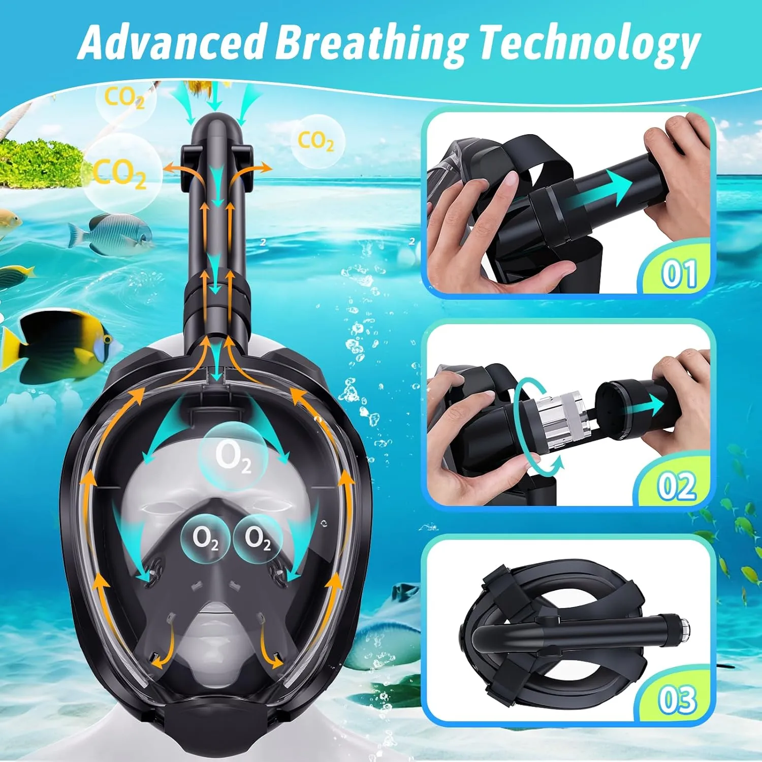 Greatever G2 Adults Kids Full Face Snorkel Mask 2 Pcs,Snorkeling Gear with Latest Dry Top System,Foldable 180 Degree Panoramic View,Safe Breathing,Anti-Leak&Anti-Fog Snorkeling Mask with Camera Mount