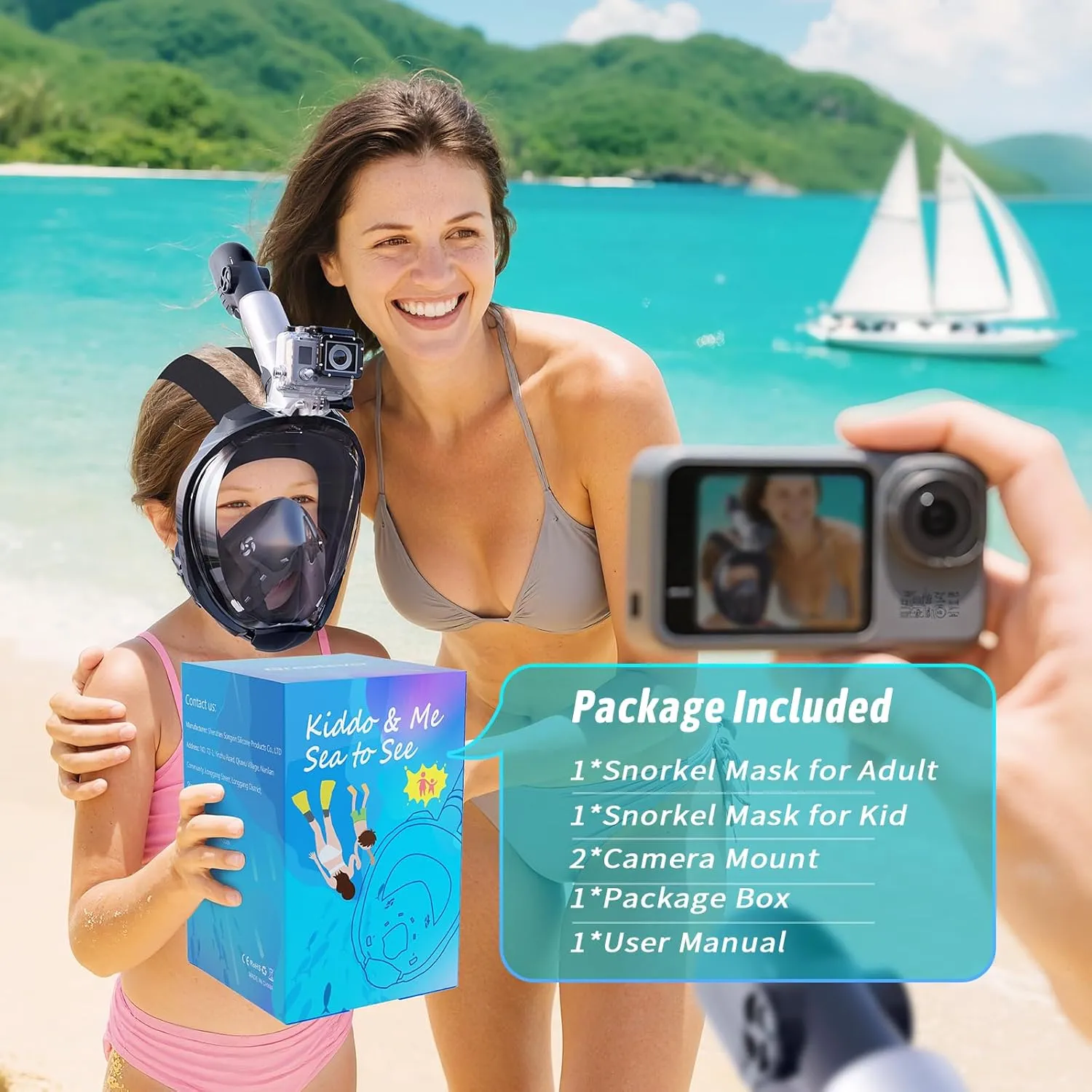 Greatever G2 Adults Kids Full Face Snorkel Mask 2 Pcs,Snorkeling Gear with Latest Dry Top System,Foldable 180 Degree Panoramic View,Safe Breathing,Anti-Leak&Anti-Fog Snorkeling Mask with Camera Mount