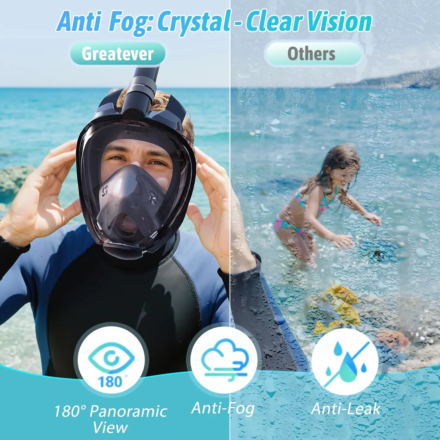 Greatever G2 Adults Kids Full Face Snorkel Mask 2 Pcs,Snorkeling Gear with Latest Dry Top System,Foldable 180 Degree Panoramic View,Safe Breathing,Anti-Leak&Anti-Fog Snorkeling Mask with Camera Mount