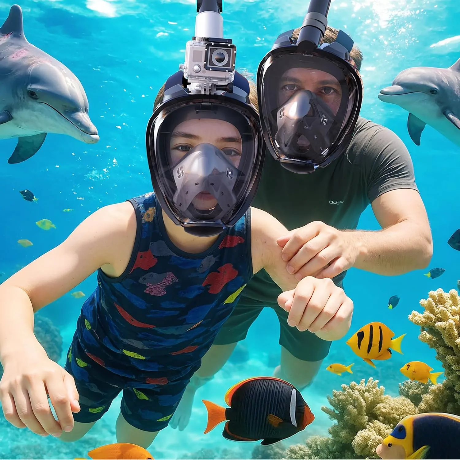 Greatever G2 Adults Kids Full Face Snorkel Mask 2 Pcs,Snorkeling Gear with Latest Dry Top System,Foldable 180 Degree Panoramic View,Safe Breathing,Anti-Leak&Anti-Fog Snorkeling Mask with Camera Mount
