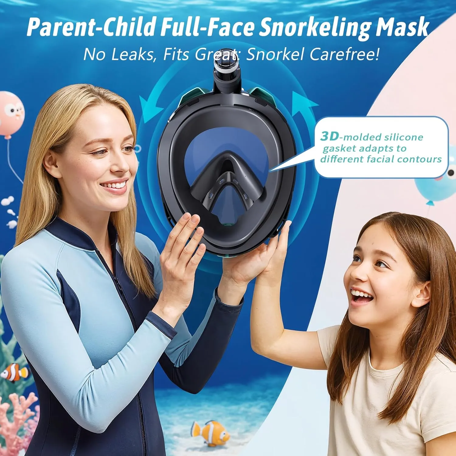 Greatever G2 Adults Kids Full Face Snorkel Mask 2 Pcs,Snorkeling Gear with Latest Dry Top System,Foldable 180 Degree Panoramic View,Safe Breathing,Anti-Leak&Anti-Fog Snorkeling Mask with Camera Mount