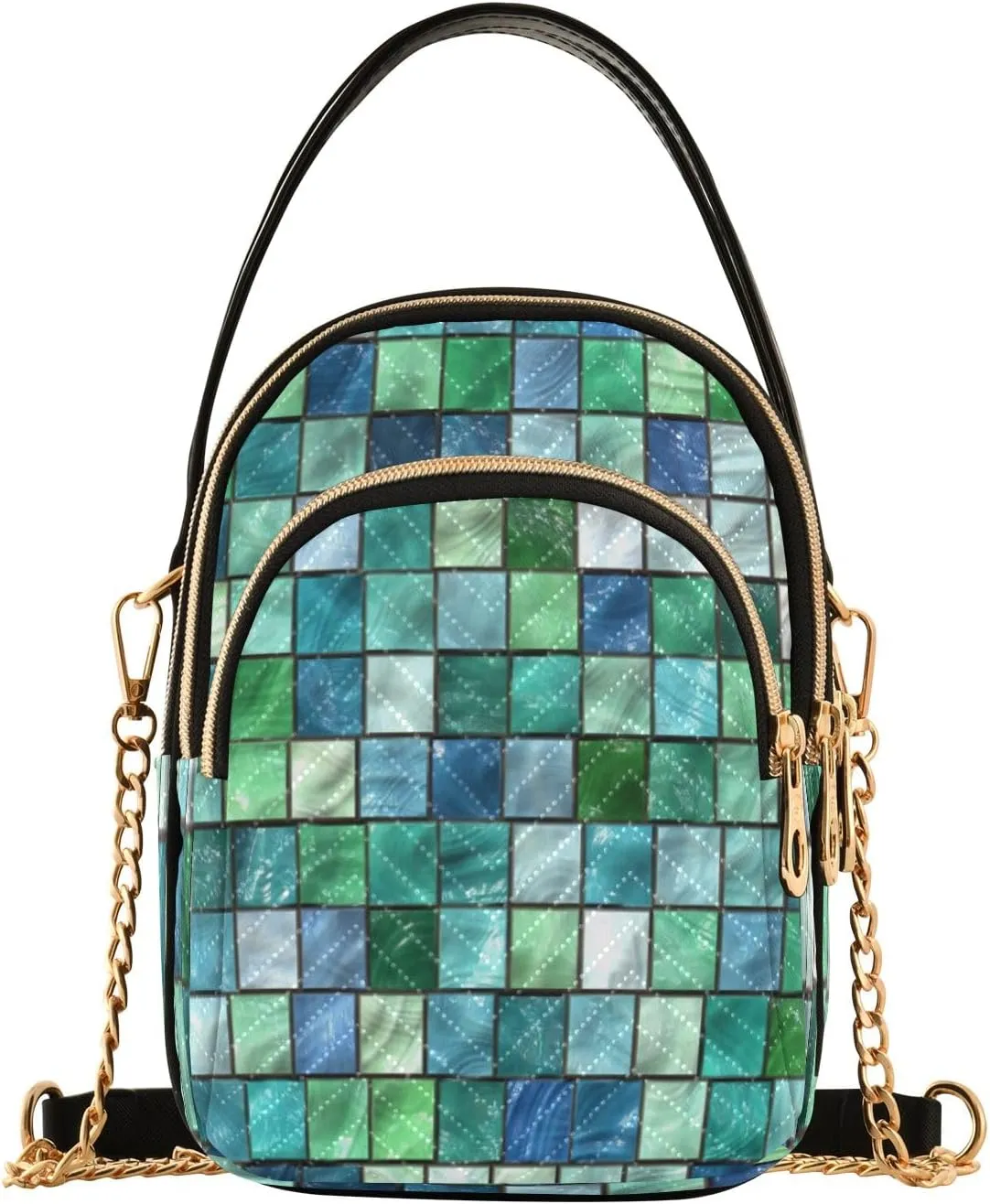 Green Mosaic Plaid Turquoise Blue Single Shoulder Handbag Women Cell Phone Handbag Designer Satchel Bag