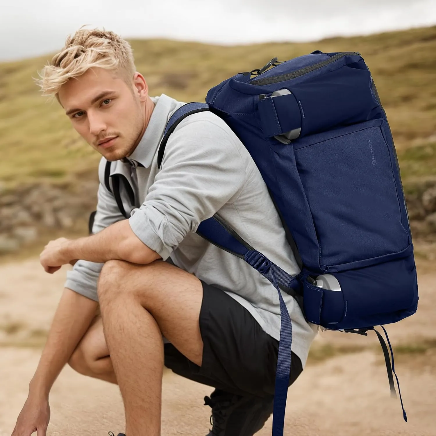 Gym Bag for Men with 2 Upgraded Bottle Holders Convertible Duffle Bag and Gym Backpack Waterproof Sports Bags with Shoes Compartment and Wet Pocket - Dark Blue