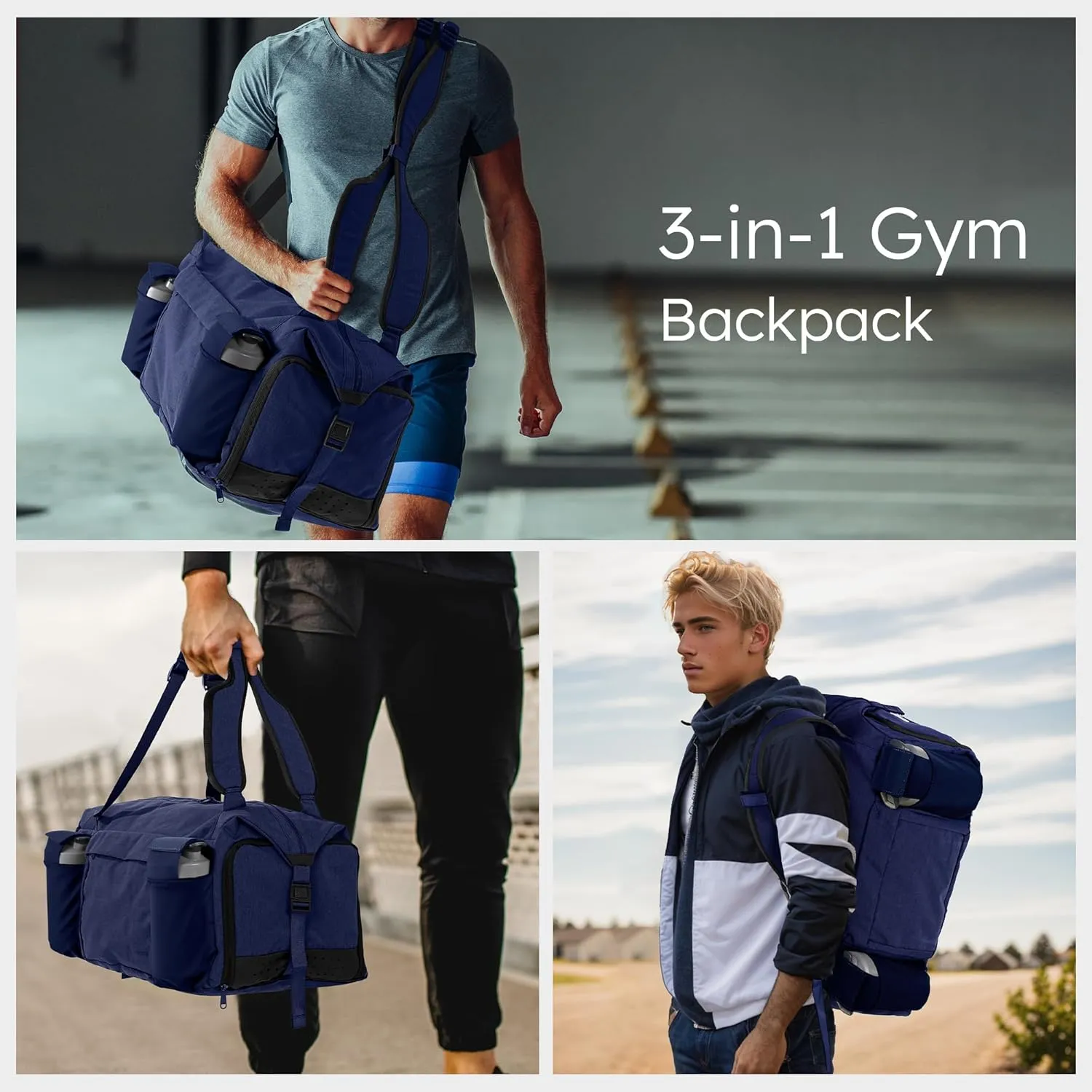 Gym Bag for Men with 2 Upgraded Bottle Holders Convertible Duffle Bag and Gym Backpack Waterproof Sports Bags with Shoes Compartment and Wet Pocket - Dark Blue
