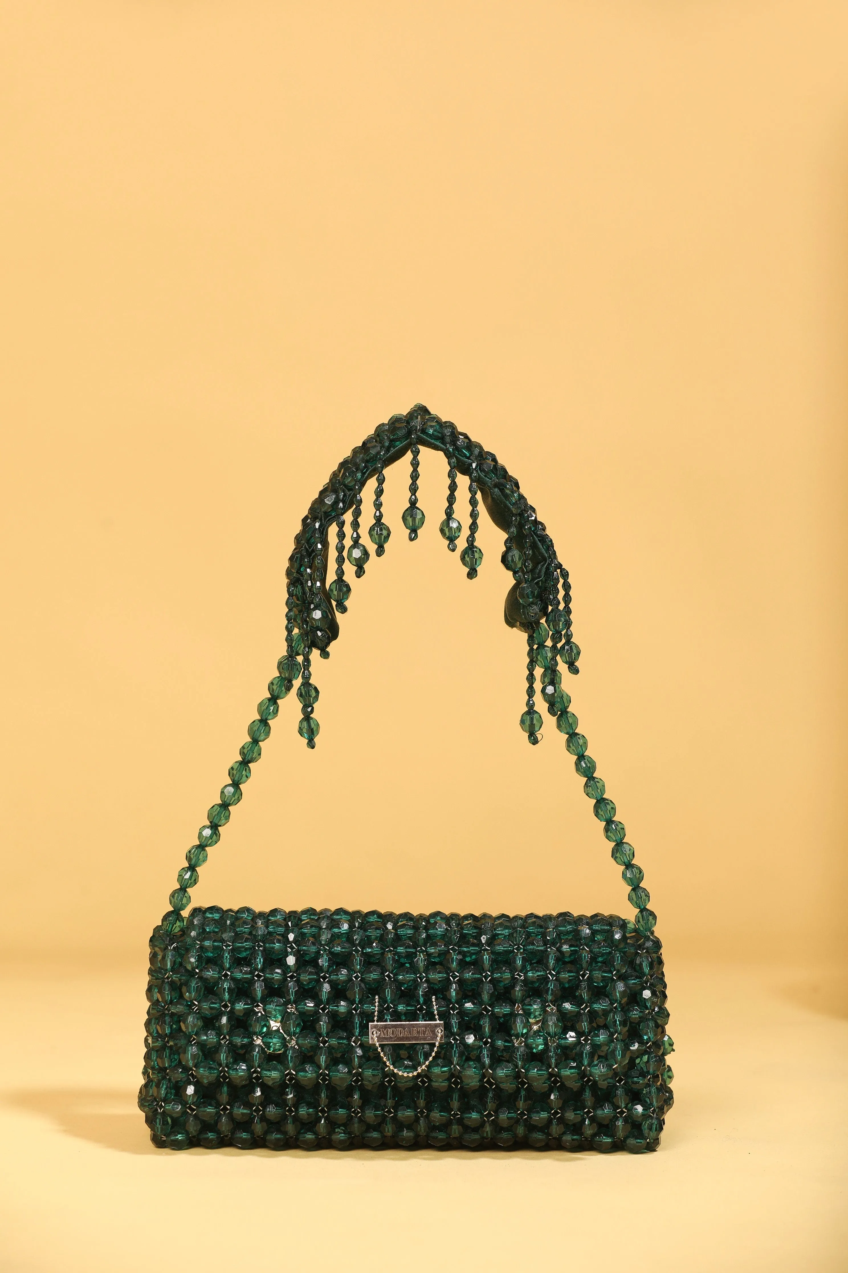 Handcrafted Green Handbag With Crystal Beads - Luxury Purse