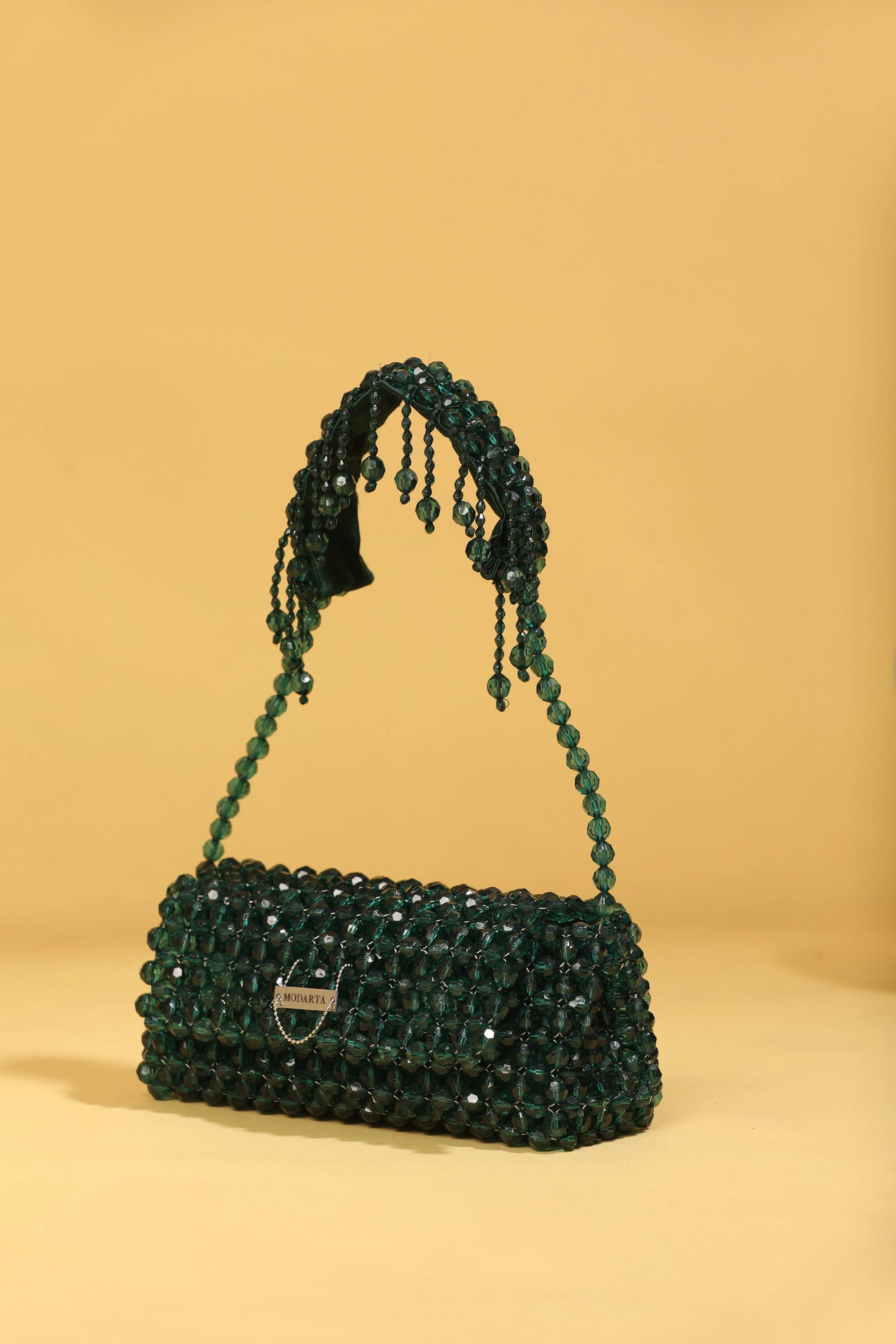 Handcrafted Green Handbag With Crystal Beads - Luxury Purse