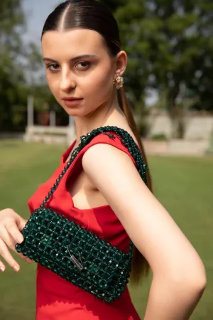 Handcrafted Green Handbag With Crystal Beads - Luxury Purse