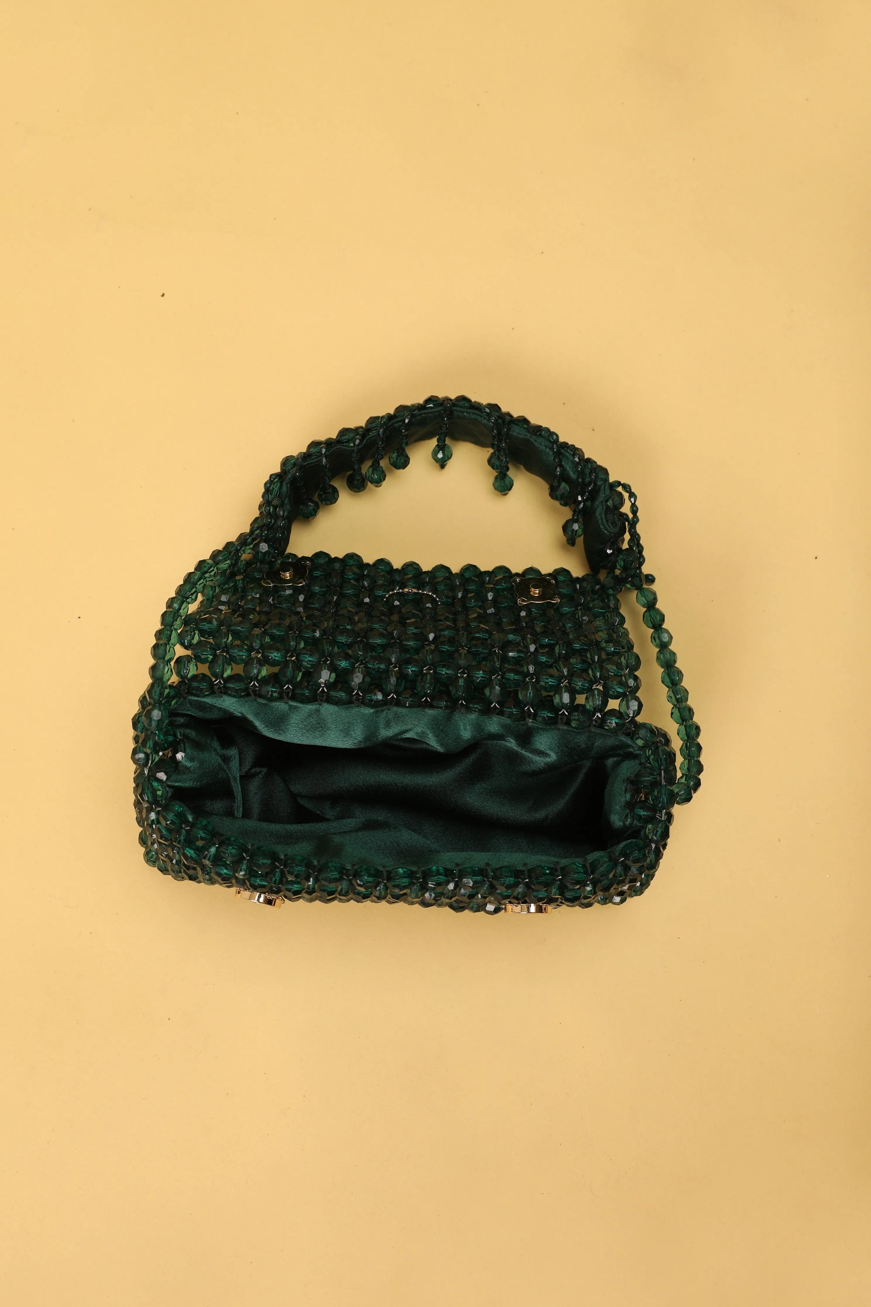 Handcrafted Green Handbag With Crystal Beads - Luxury Purse
