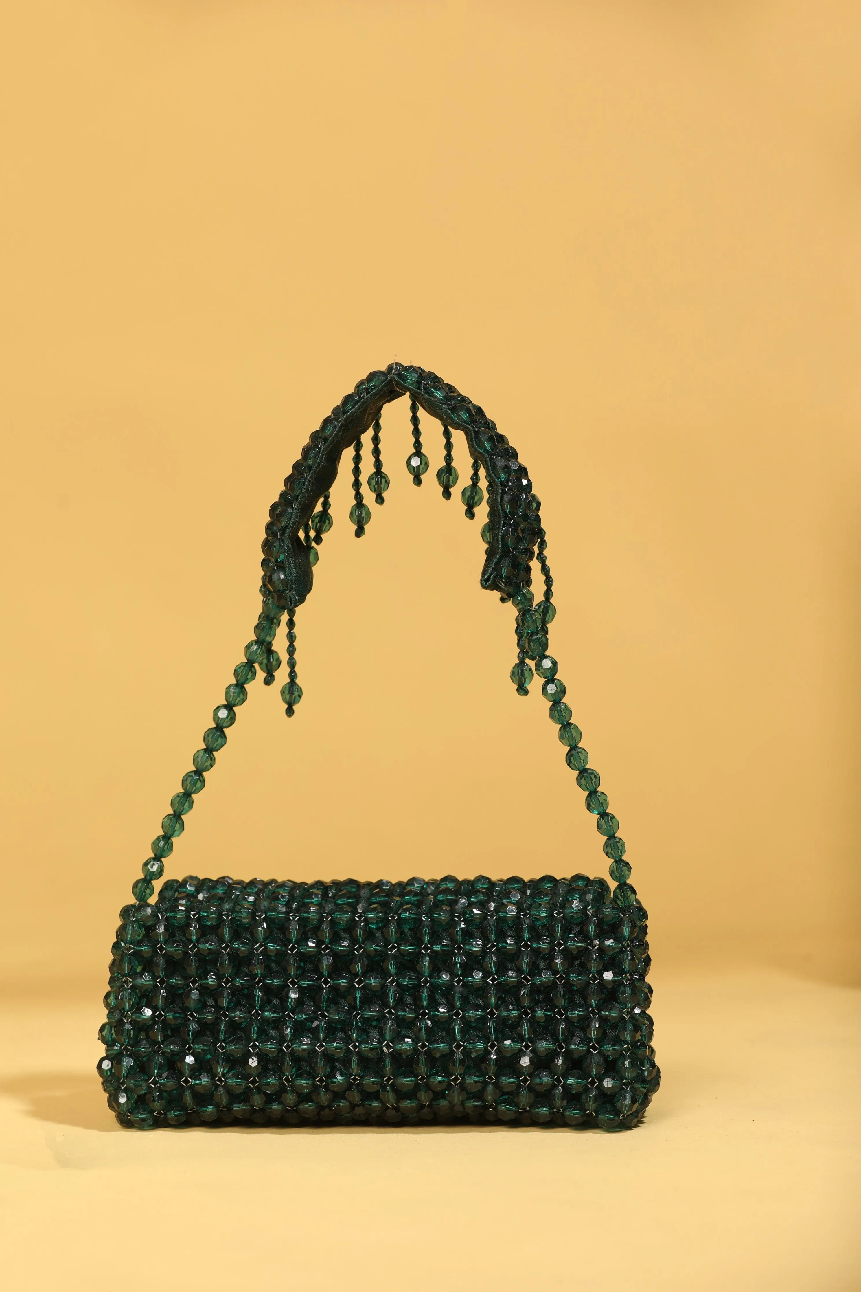 Handcrafted Green Handbag With Crystal Beads - Luxury Purse