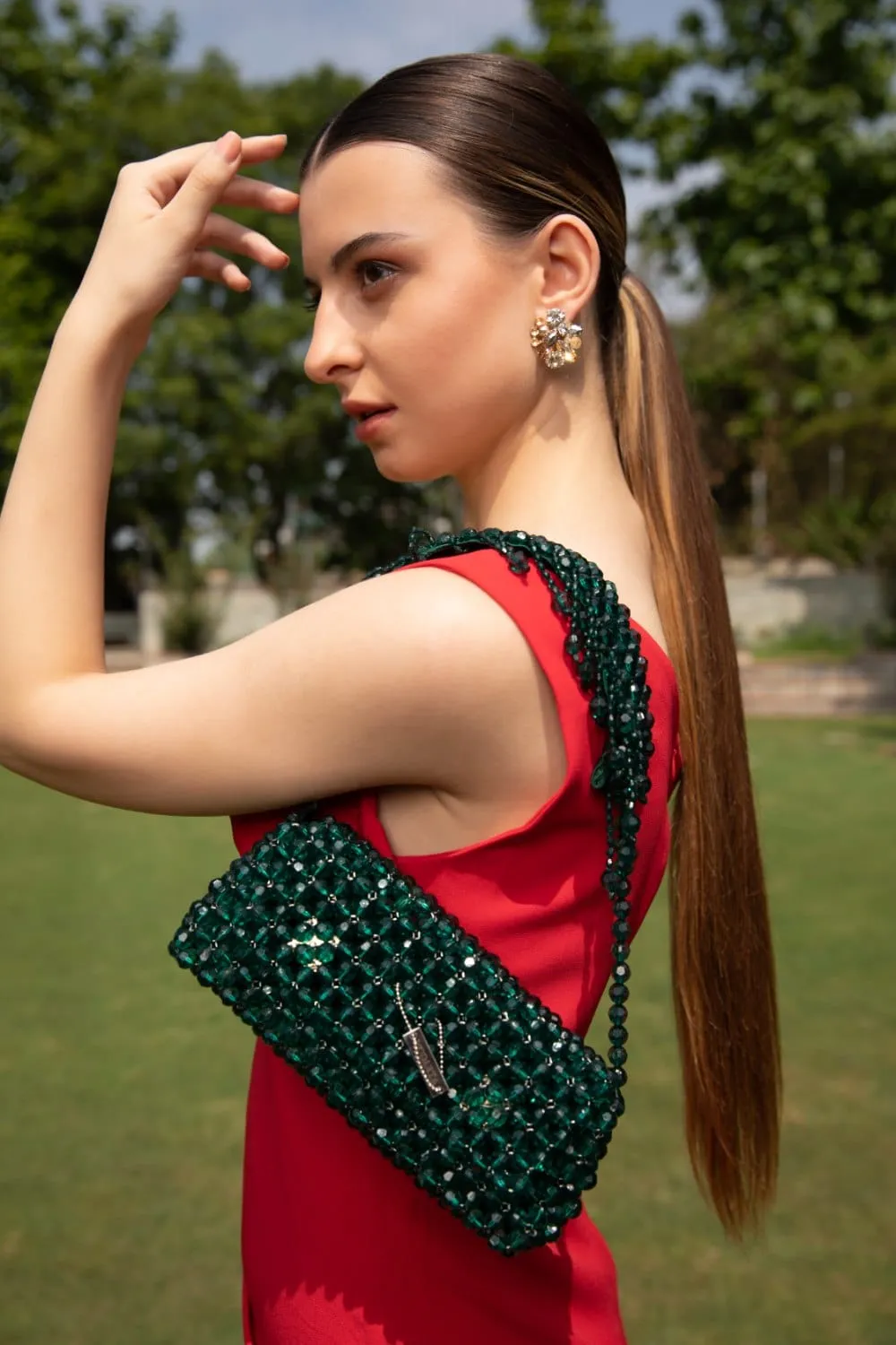 Handcrafted Green Handbag With Crystal Beads - Luxury Purse