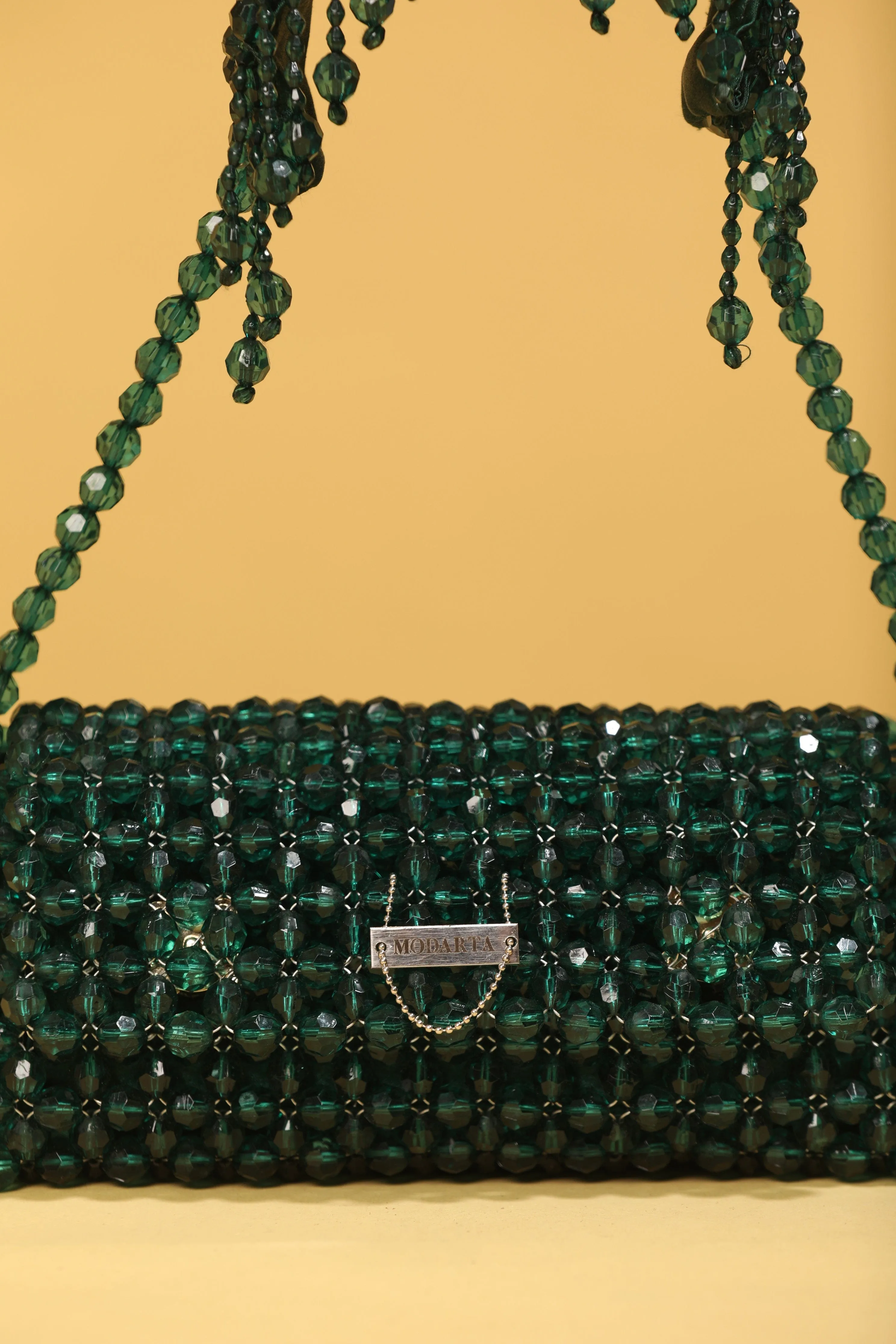 Handcrafted Green Handbag With Crystal Beads - Luxury Purse