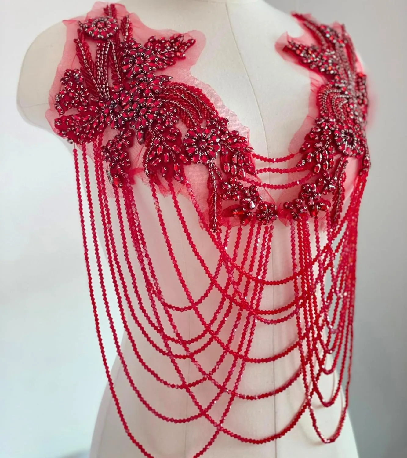 Handmade Tassel Rhinestone Applique,Rhinestone Bodice Applique,Red Rhinestone Applique for Dress Wedding Clothing Accessory Applique、Patch (Red)
