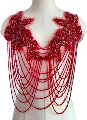 Handmade Tassel Rhinestone Applique,Rhinestone Bodice Applique,Red Rhinestone Applique for Dress Wedding Clothing Accessory Applique、Patch (Red)