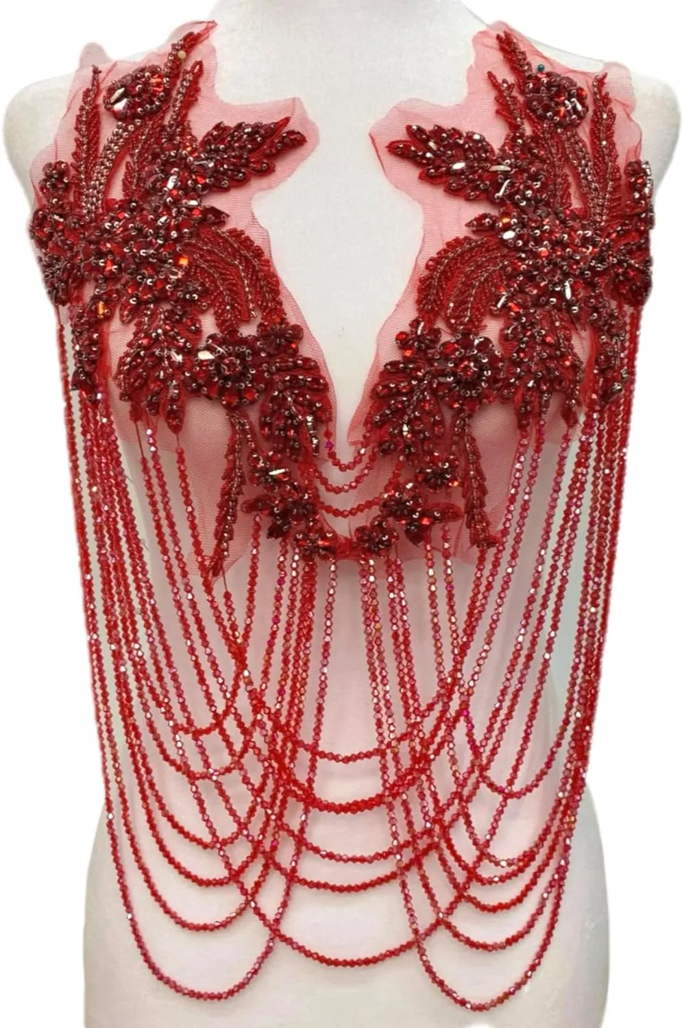 Handmade Tassel Rhinestone Applique,Rhinestone Bodice Applique,Red Rhinestone Applique for Dress Wedding Clothing Accessory Applique、Patch (Red)