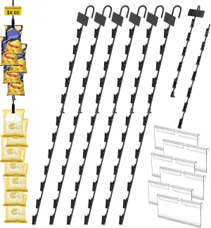 Hanging Merchadise Strips with Hooks,32 inches Chip Display Rack Stand 72 Clips Potato Chip Bag Holder with Label Headers Metal Retail Display Rack for Snack Candy 6Pcs Black