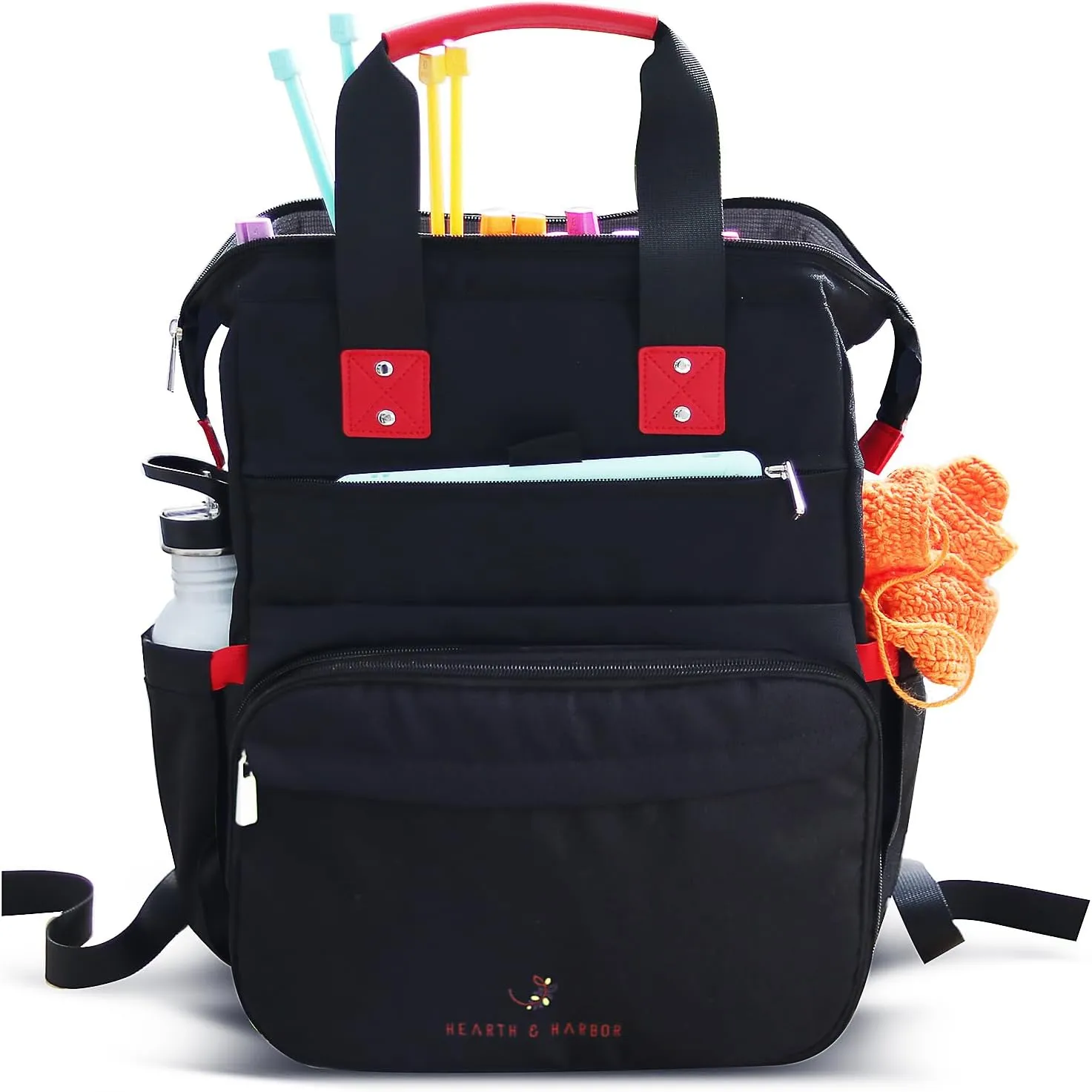 Hearth & Harbor Crochet Backpack, Crochet Bag Organizer, Canvas Knitting Bag, Yarn Organizer for Crochet Accessories and Supplies, Travel Yarn Bag with USB Charging Port, Yarn Storage Organizer