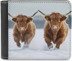 Highland Cow Running in Snowstorm Bi-fold Men's Wallets with 6 Card Holders Slim PU Leather Purse Outdoor Money Clip