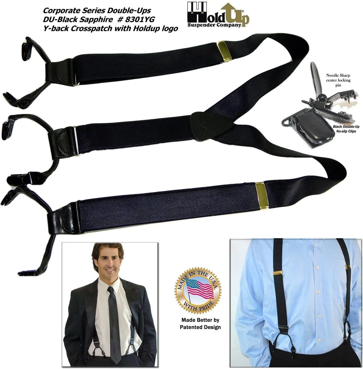Hold-Up Suspender Double-Up Style 1 1/2" Wide Satin Finish Dress Suspenders for Men with the USA patented No-Slip clips