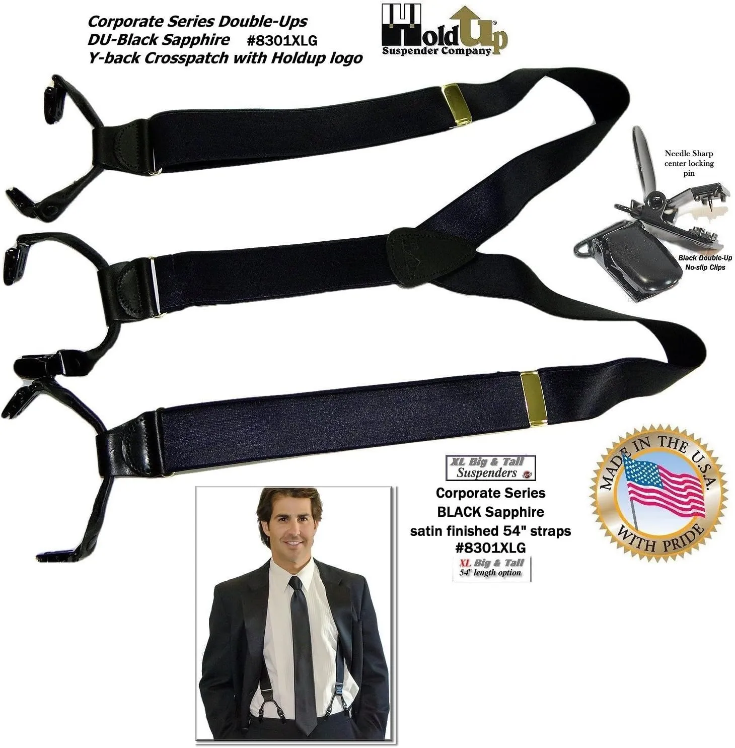 Hold-Up Suspender Double-Up Style 1 1/2" Wide Satin Finish Dress Suspenders for Men with the USA patented No-Slip clips
