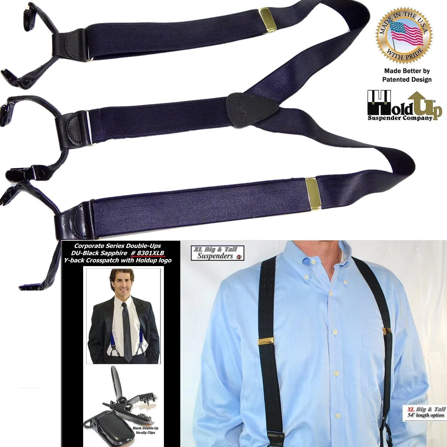 Hold-Up Suspender Double-Up Style 1 1/2" Wide Satin Finish Dress Suspenders for Men with the USA patented No-Slip clips