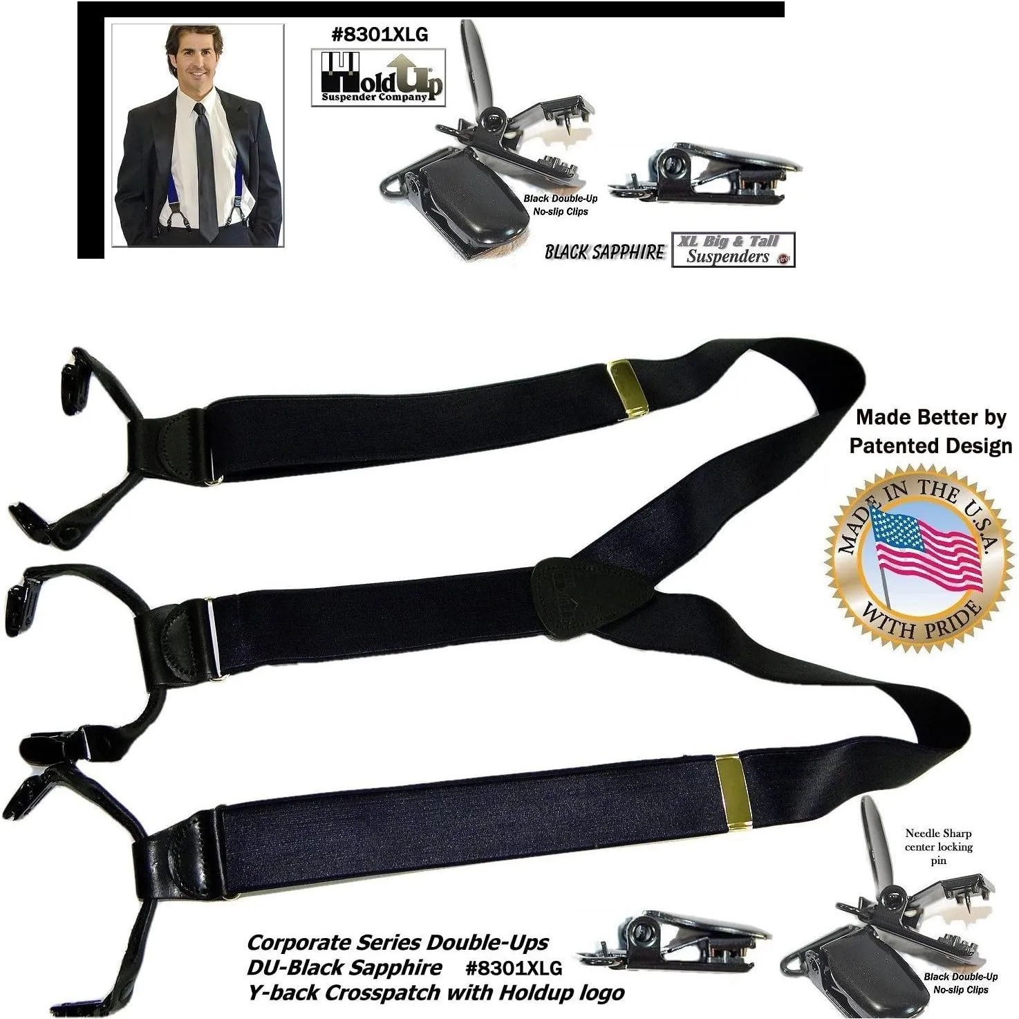 Hold-Up Suspender Double-Up Style 1 1/2" Wide Satin Finish Dress Suspenders for Men with the USA patented No-Slip clips
