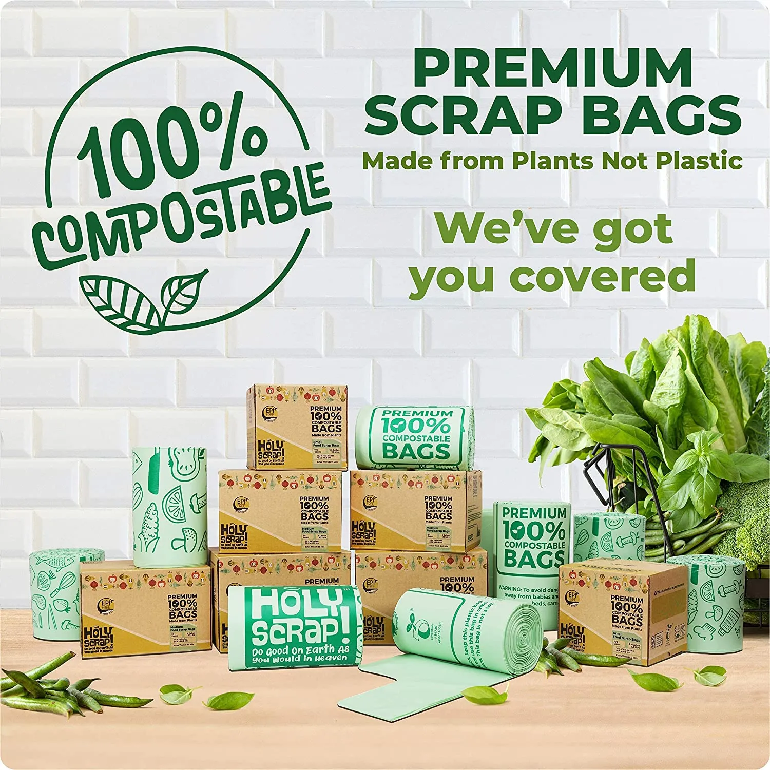 HOLY SCRAP! 100% Compostable Trash Bags, 13 Gallon, 49.2L, 100 Count, Heavy Duty 0.85 Mils, Tall Kitchen Trash Bags, Food Waste Bags, US BPI and Europe OK Compost Home Certified. Highest ASTM D6400