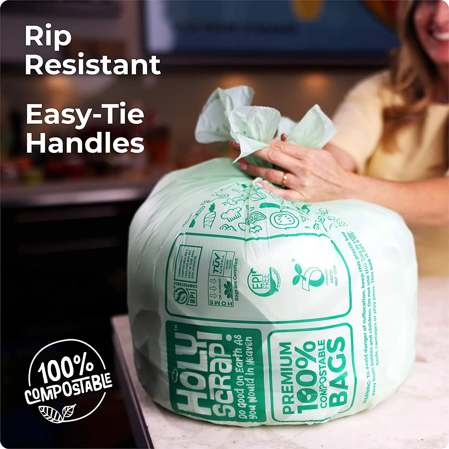 HOLY SCRAP! 100% Compostable Trash Bags, 13 Gallon, 49.2L, 100 Count, Heavy Duty 0.85 Mils, Tall Kitchen Trash Bags, Food Waste Bags, US BPI and Europe OK Compost Home Certified. Highest ASTM D6400