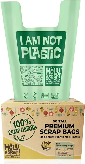 HOLY SCRAP! 100% Compostable Trash Bags, 13 Gallon, 49.2L, 100 Count, Heavy Duty 0.85 Mils, Tall Kitchen Trash Bags, Food Waste Bags, US BPI and Europe OK Compost Home Certified. Highest ASTM D6400