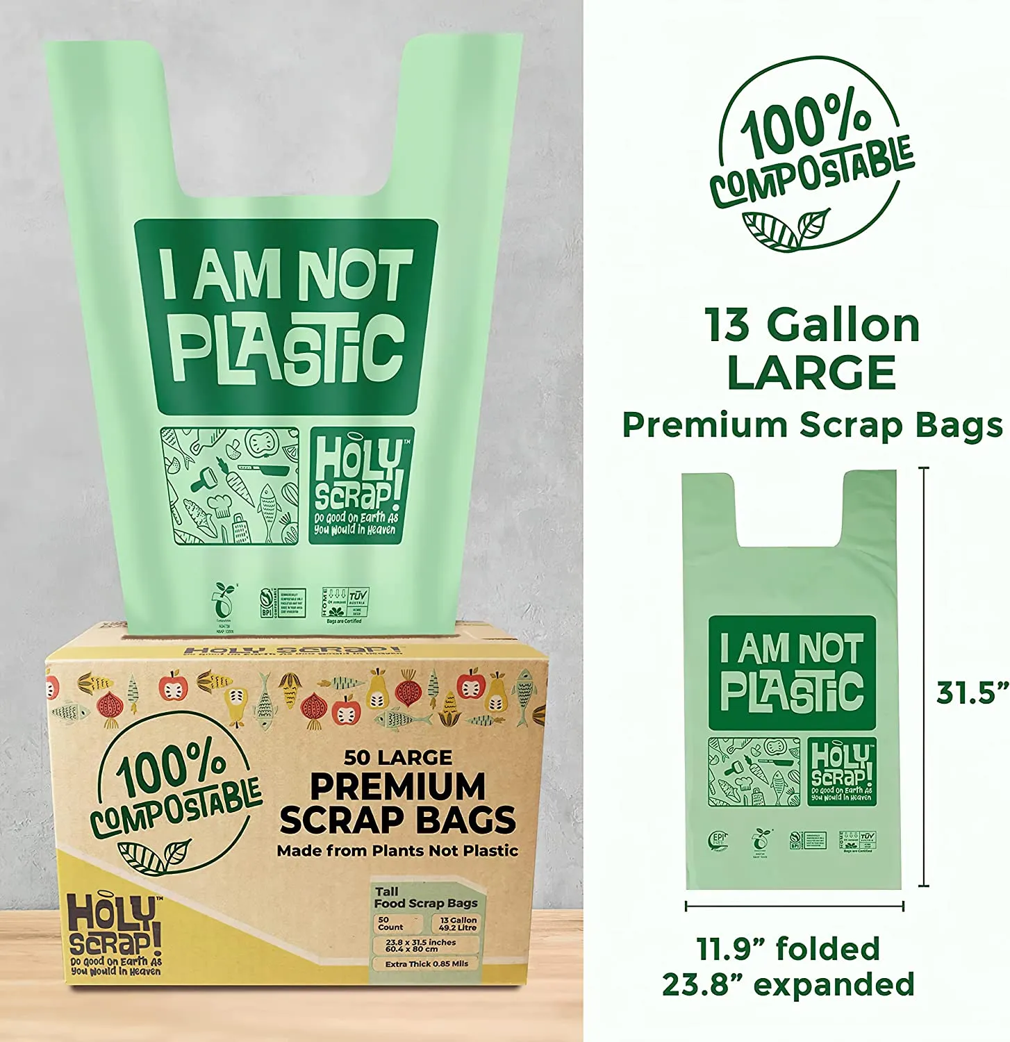HOLY SCRAP! 100% Compostable Trash Bags, 13 Gallon, 49.2L, 100 Count, Heavy Duty 0.85 Mils, Tall Kitchen Trash Bags, Food Waste Bags, US BPI and Europe OK Compost Home Certified. Highest ASTM D6400