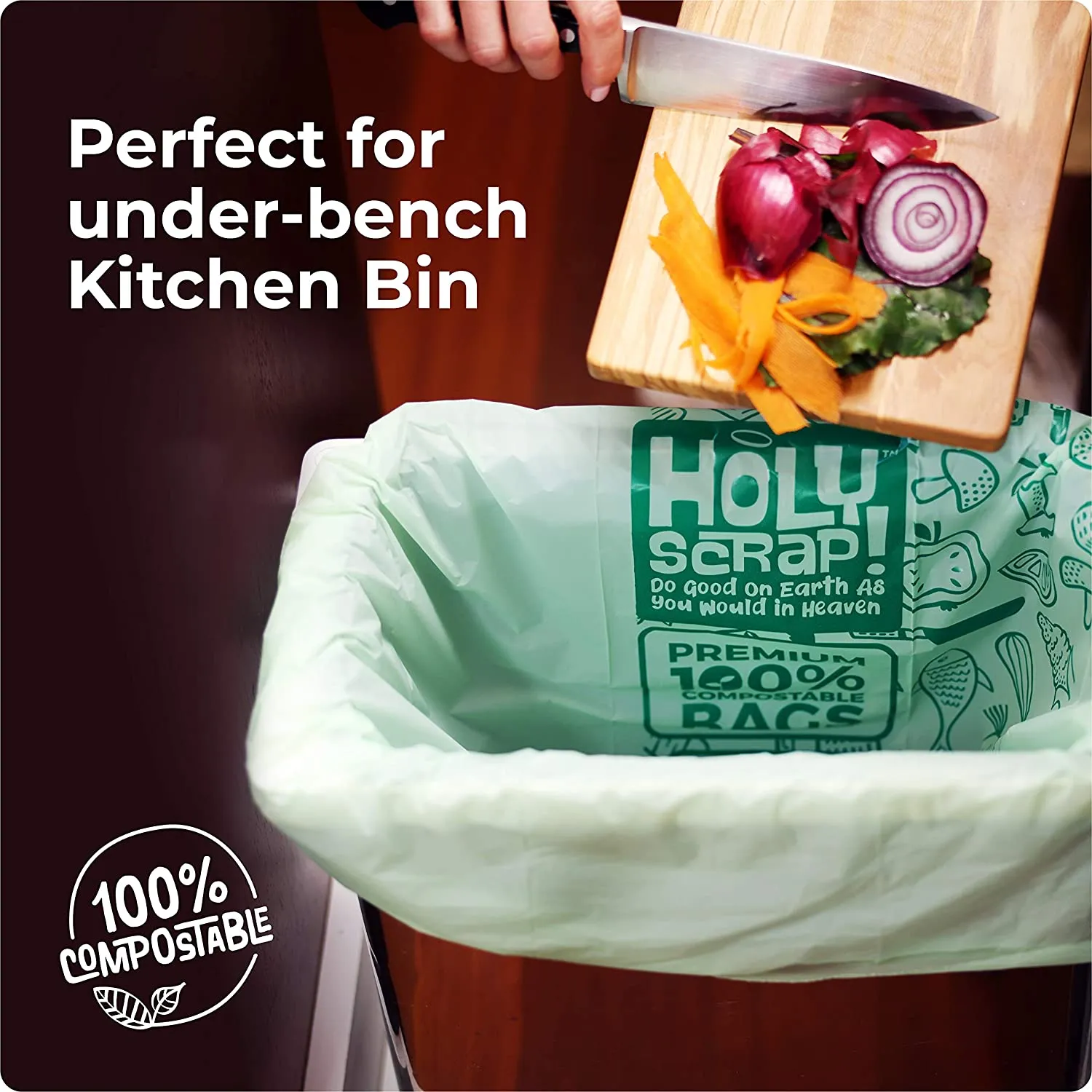 HOLY SCRAP! 100% Compostable Trash Bags, 13 Gallon, 49.2L, 100 Count, Heavy Duty 0.85 Mils, Tall Kitchen Trash Bags, Food Waste Bags, US BPI and Europe OK Compost Home Certified. Highest ASTM D6400