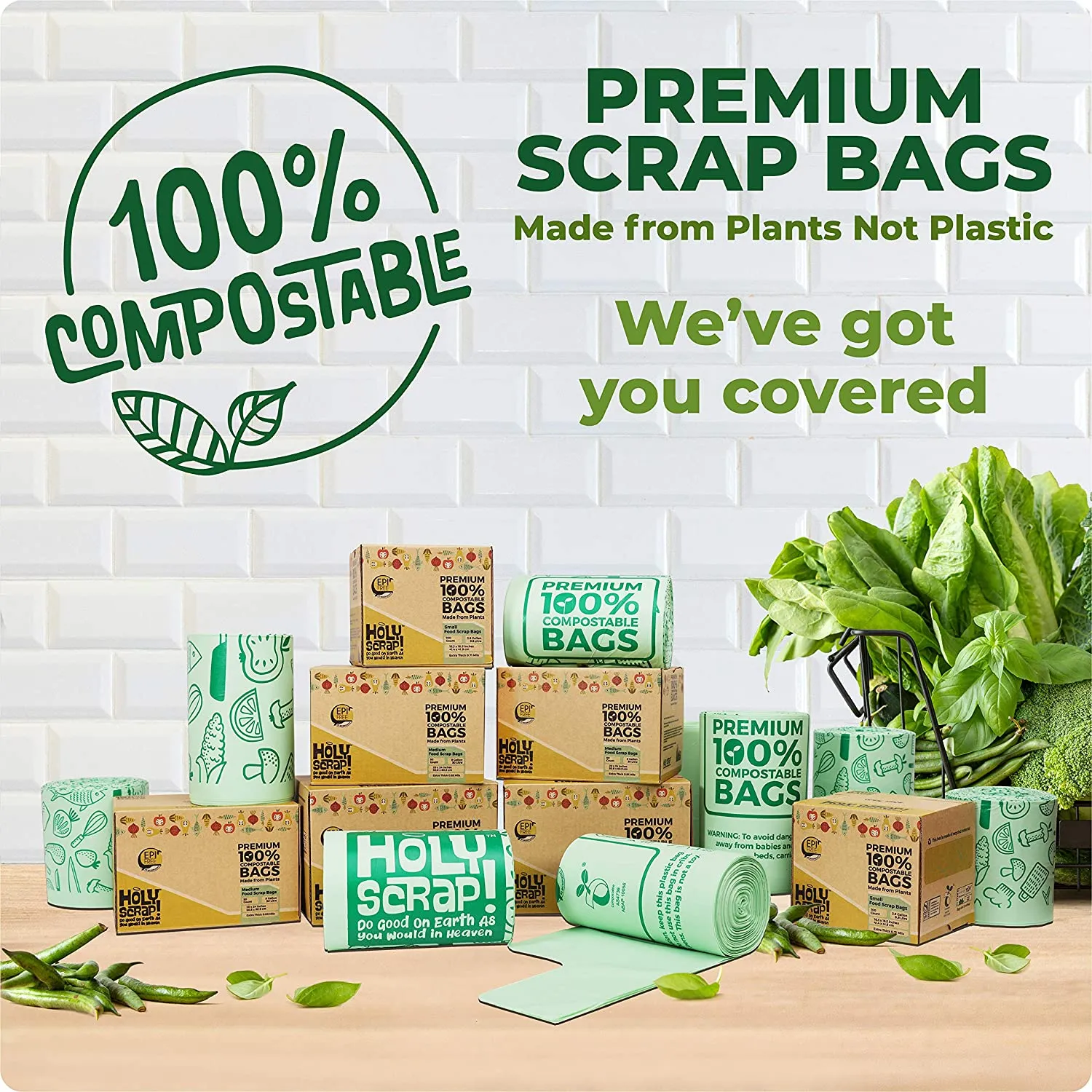 HOLY SCRAP! 100% Compostable Trash Bags, 6-8 Gallon, 30L, 100 Count, Heavy Duty 0.85 Mils, Medium Home Garbage Liners, US BPI and Europe OK Compost Home Certified. Highest ASTM D6400