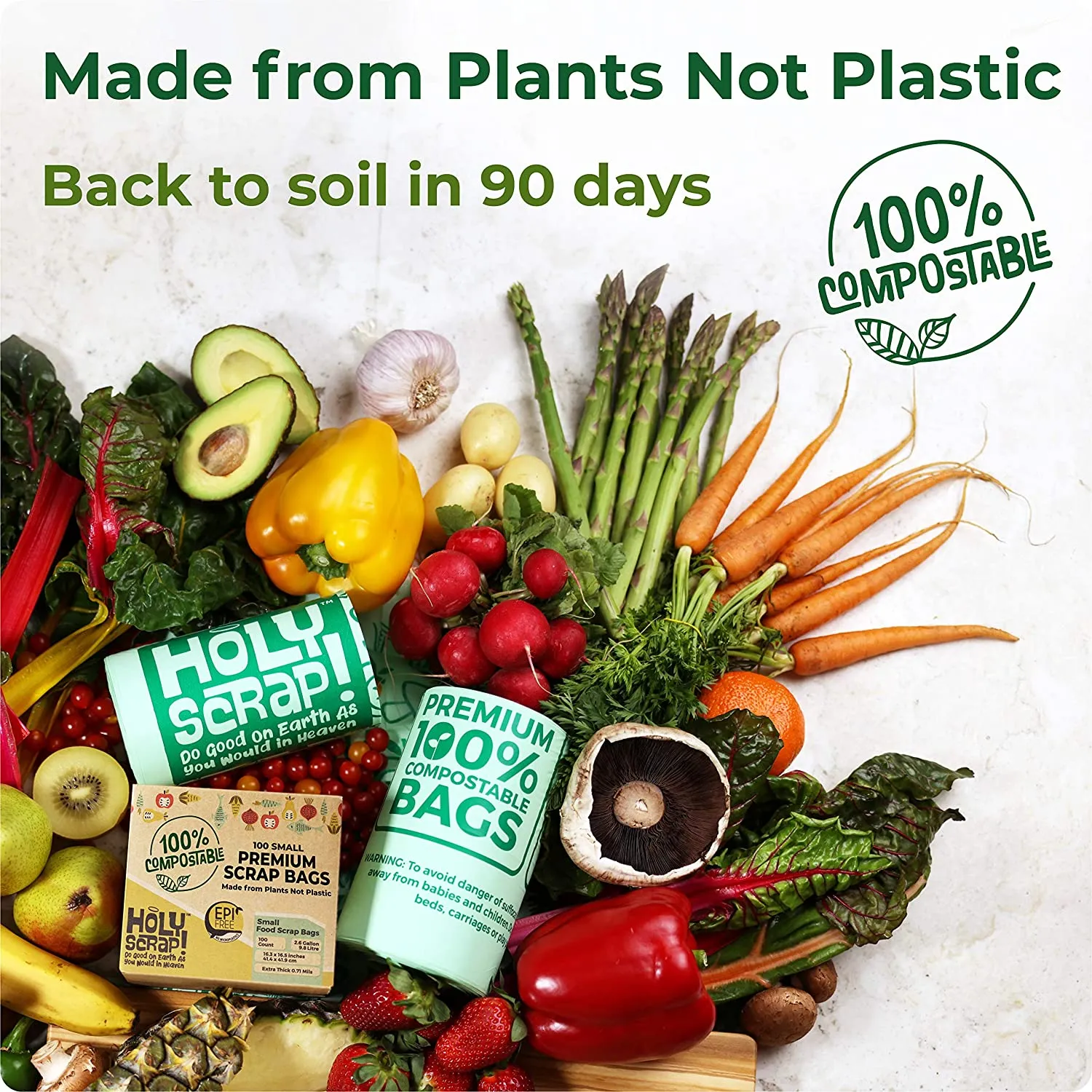 HOLY SCRAP! 100% Compostable Trash Bags, 6-8 Gallon, 30L, 100 Count, Heavy Duty 0.85 Mils, Medium Home Garbage Liners, US BPI and Europe OK Compost Home Certified. Highest ASTM D6400