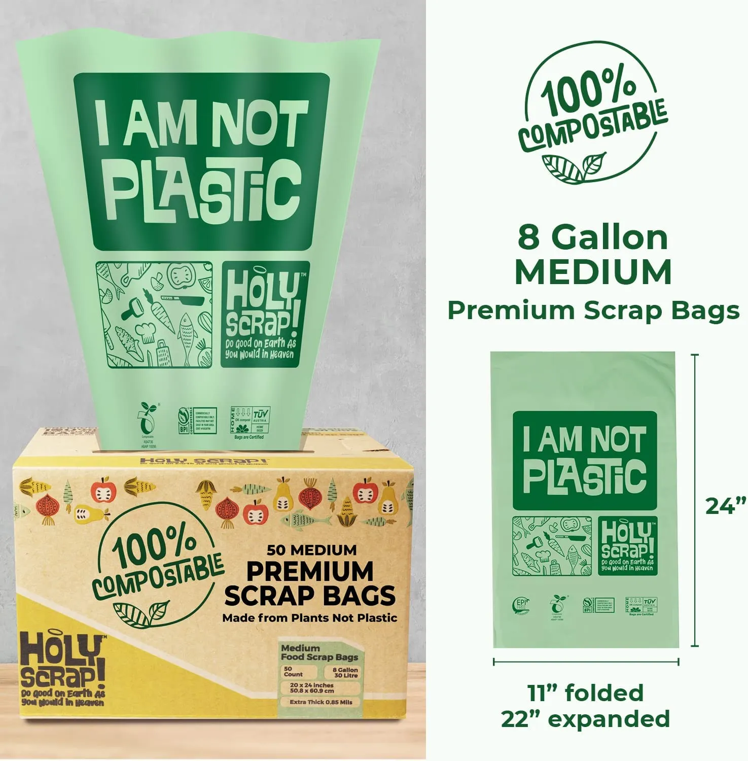 HOLY SCRAP! 100% Compostable Trash Bags, 6-8 Gallon, 30L, 100 Count, Heavy Duty 0.85 Mils, Medium Home Garbage Liners, US BPI and Europe OK Compost Home Certified. Highest ASTM D6400
