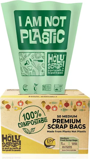 HOLY SCRAP! 100% Compostable Trash Bags, 6-8 Gallon, 30L, 100 Count, Heavy Duty 0.85 Mils, Medium Home Garbage Liners, US BPI and Europe OK Compost Home Certified. Highest ASTM D6400