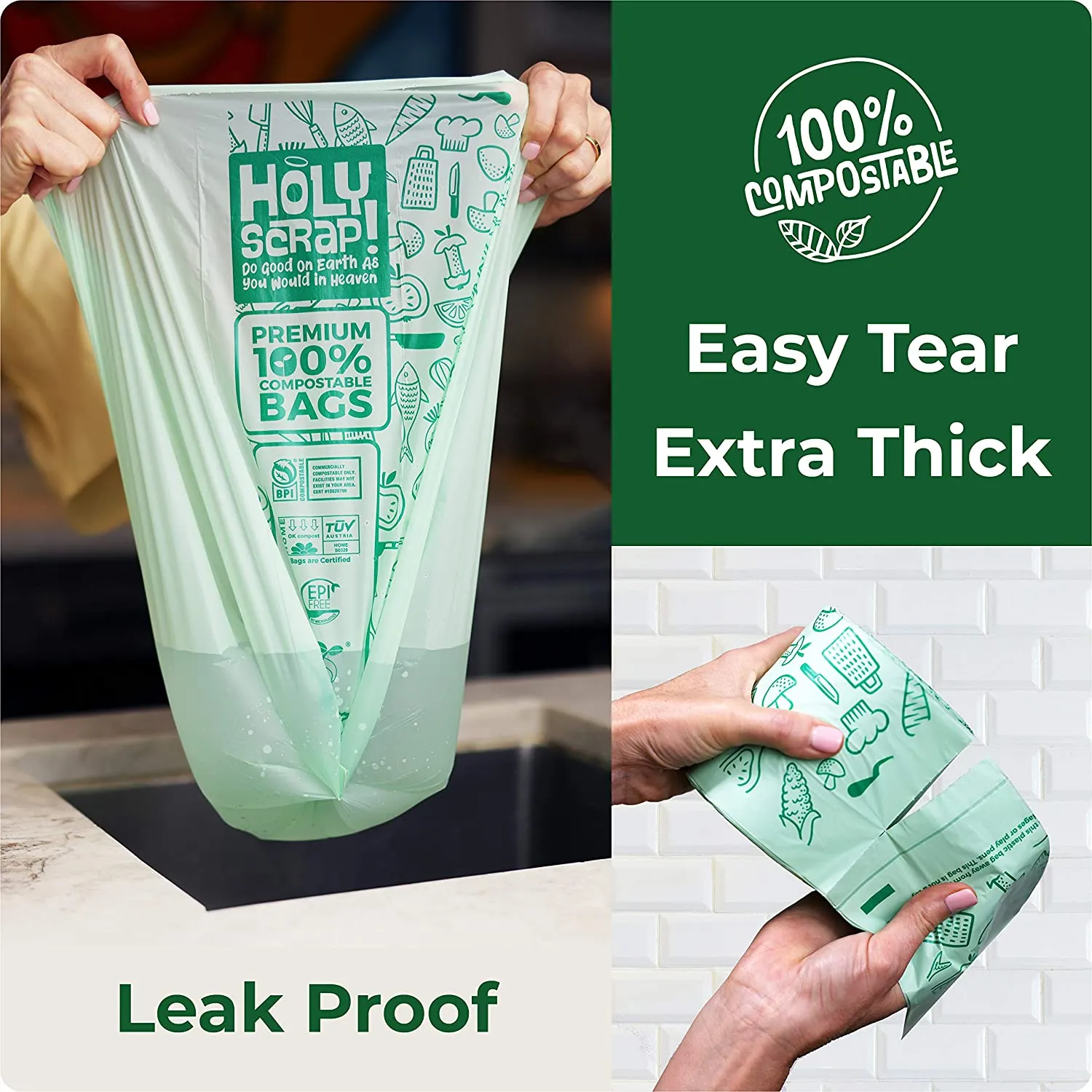 HOLY SCRAP! 100% Compostable Trash Bags, 6-8 Gallon, 30L, 100 Count, Heavy Duty 0.85 Mils, Medium Home Garbage Liners, US BPI and Europe OK Compost Home Certified. Highest ASTM D6400