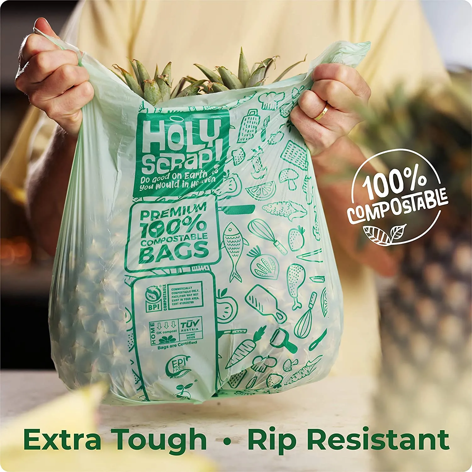 HOLY SCRAP! 100% Compostable Trash Bags, 6-8 Gallon, 30L, 100 Count, Heavy Duty 0.85 Mils, Medium Home Garbage Liners, US BPI and Europe OK Compost Home Certified. Highest ASTM D6400