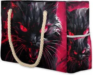 Horror Black Cat Large Beach Tote Bag Women Waterproof Sandproof Zipper Halloween Themed Beach Bag for Pool Gym Grocery Travel with Wet Pocket
